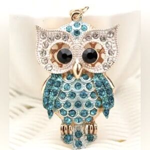 Bag Charm-Key Chain Blue Festive Owl Keychain with Rhinestones